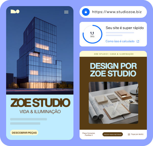 Site do Zoe Studio, uma empresa de arquitetura e design espacial, destacando a confiabilidade do domínio e recursos de segurança.