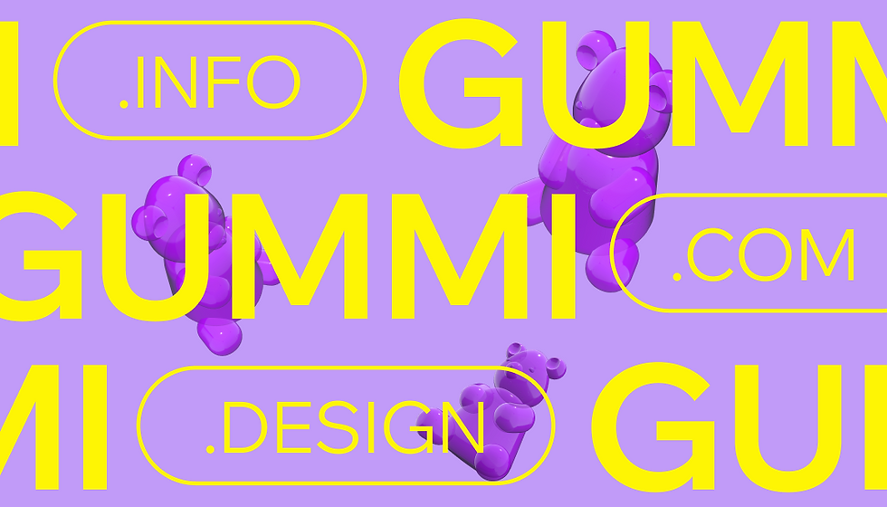 Lila Hintergrund, gelber Text: "GUMMI", ".INFO", ".COM", ".DESIGN". Lila Gummibären im Hintergrund vermitteln verspielte Stimmung.