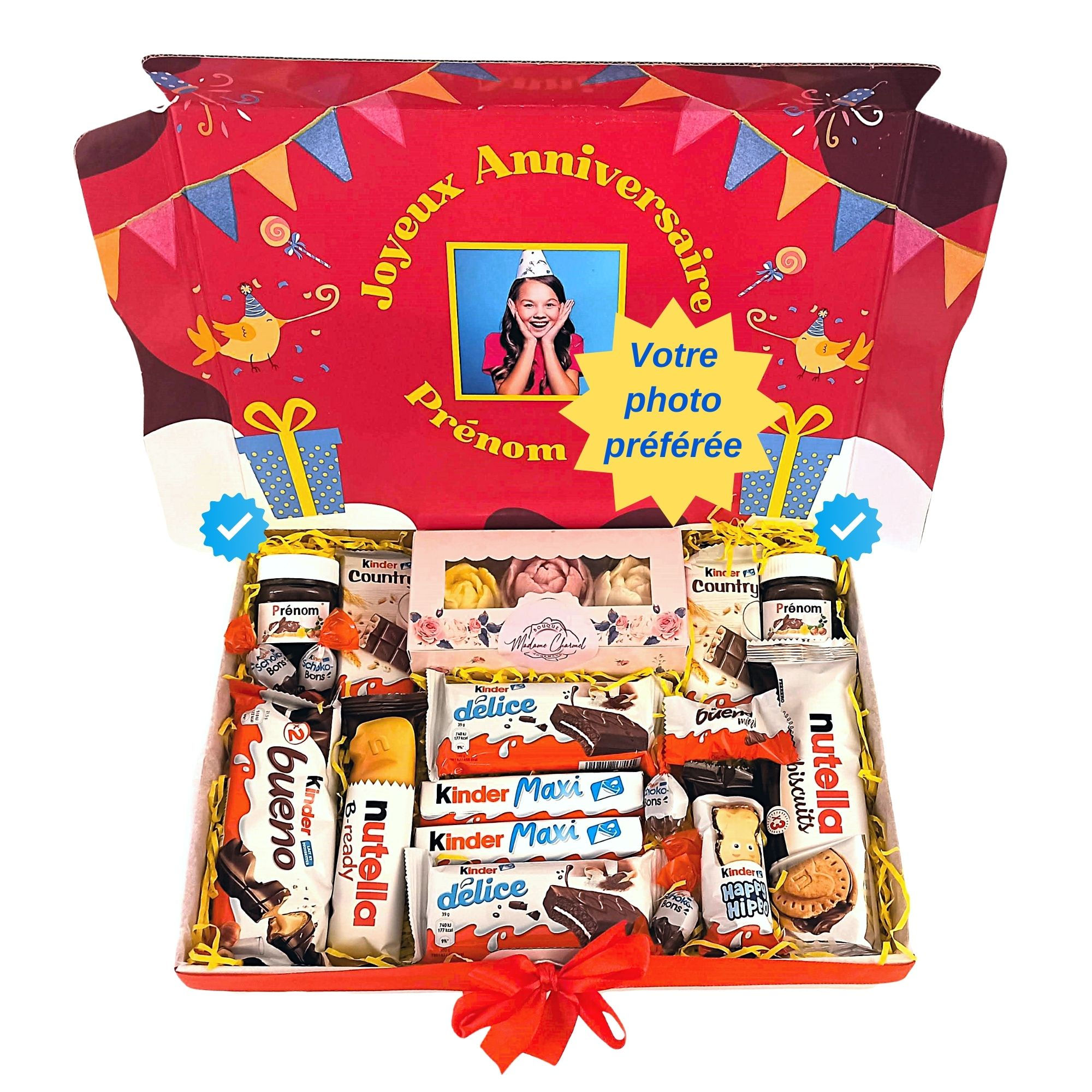 Box Kinder Cadeau chocolat Joyeux Anniversaire personnalisé macarons guimauves