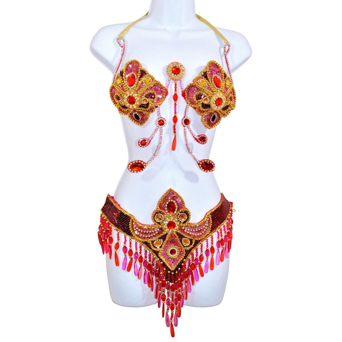 Samba Bra bikini brazilian set Red/Gold Belly dance carnival costume Top bottom