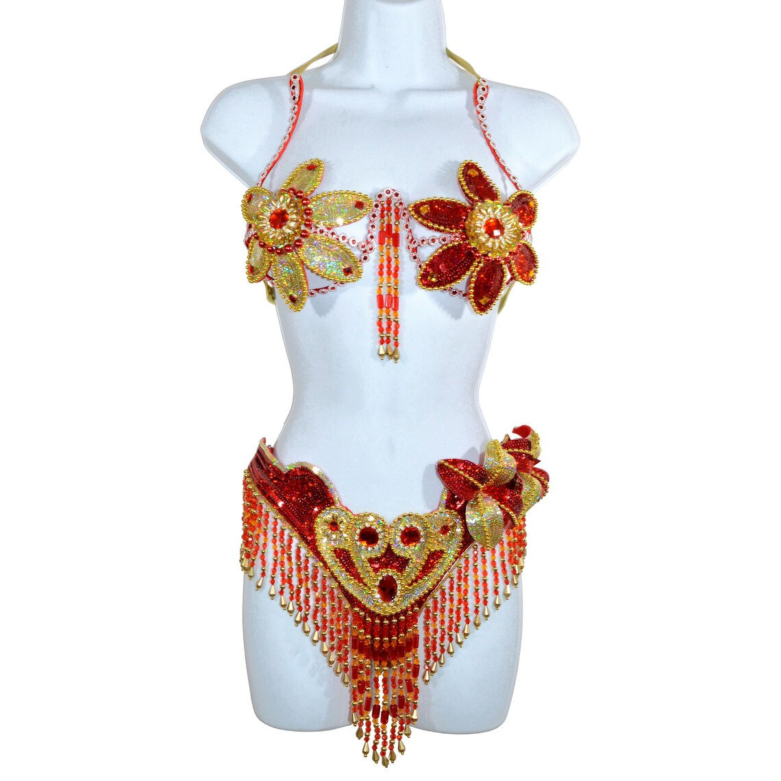 Samba Show girl Bra bikini brazilian Red/Gold set Belly dance carnival costume W