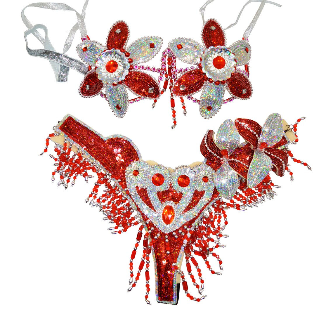 Samba Show girl Bra bikini brazilian Red/Silver set Belly dance carnival costume
