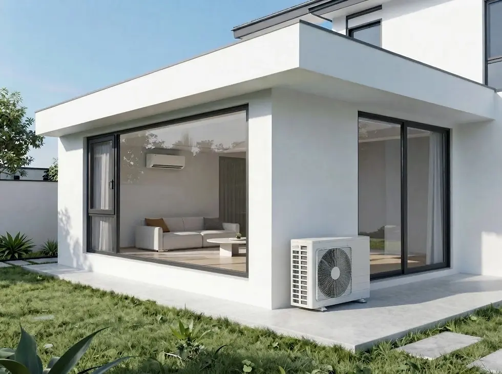Architectural rendering of a modern white house exterior. Large glass windows reveal a minimalist interior, while an air conditioning unit sits on the outdoor patio.