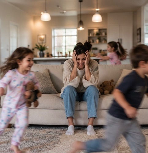 Beginning scene: We see kids running around, driving Mom crazy.
