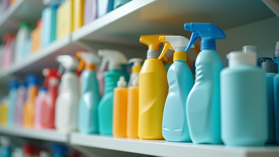 Close-up view of cleaning supplies arranged neatly on a shelf