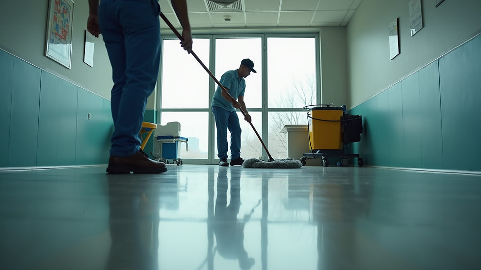 High angle view of a janitor cleaning a commercial floor with a mop