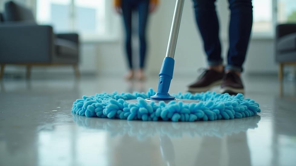 Close-up view of a microfiber mop cleaning a commercial floor