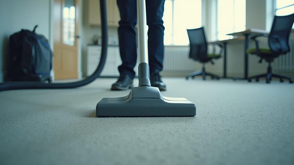 Close-up view of a professional cleaner vacuuming a carpet in an office