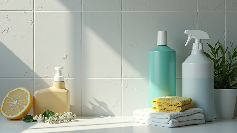 High angle view of cleaning supplies arranged on a countertop