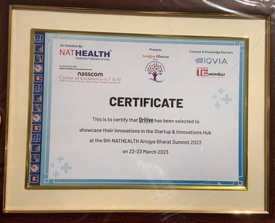 Certificate: Brille showcased innovations at the 9th NATHEALTH Annual Bharat Summit 2023