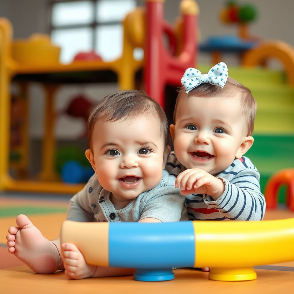 baby learn to walk. Two smiling babies in a colorful playroom, one wearing a bow. They're lying on the floor with toys around, creating a joyful scene.