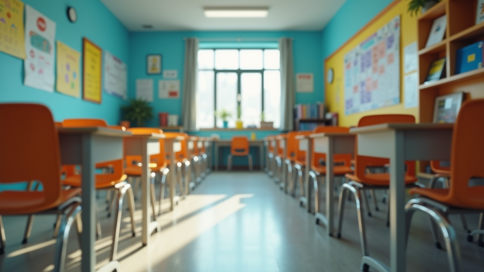 Eye-level view of colorful classroom environment filled with educational materials