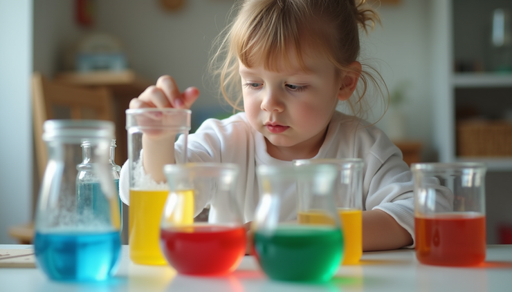 Eye-level view of a child conducting a simple science experiment with colorful liquids in clear containers