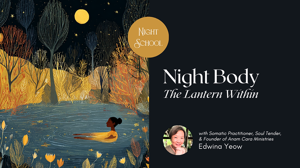 A woman in a yellow dress floats in a moonlit pond surrounded by trees. Text reads "Night Body: The Lantern Within." Portrait of Edwina Yeow.