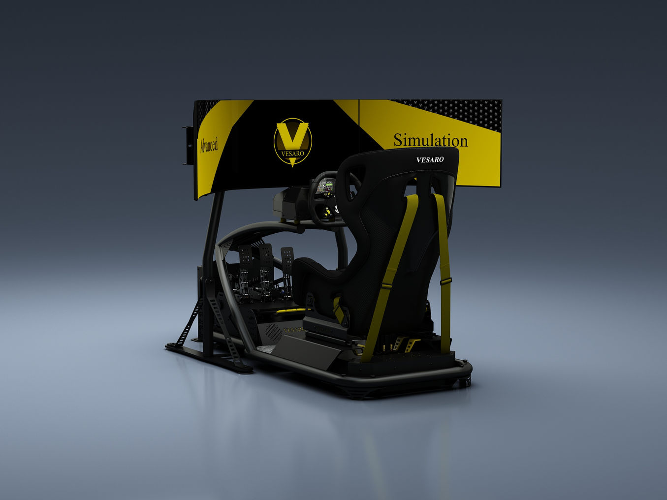 Professional racing simulator Vesaro I Stage 1 with ergonomic seat, precision steering wheel, and pedal assembly