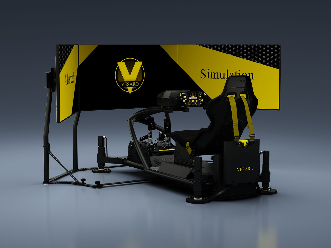 Professional Formula racing simulator Vesaro I Stage 5 with ultimate F1 setup, pro-grade wheel, and screen array