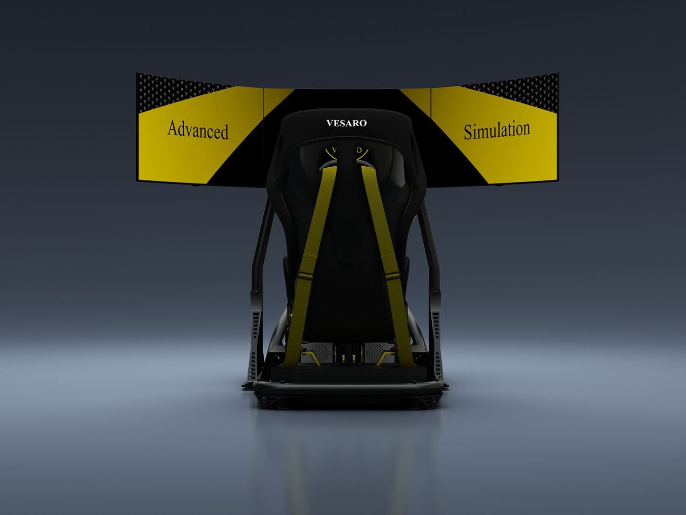Professional racing simulator Vesaro I Stage 1 with ergonomic seat, precision steering wheel, and pedal assembly