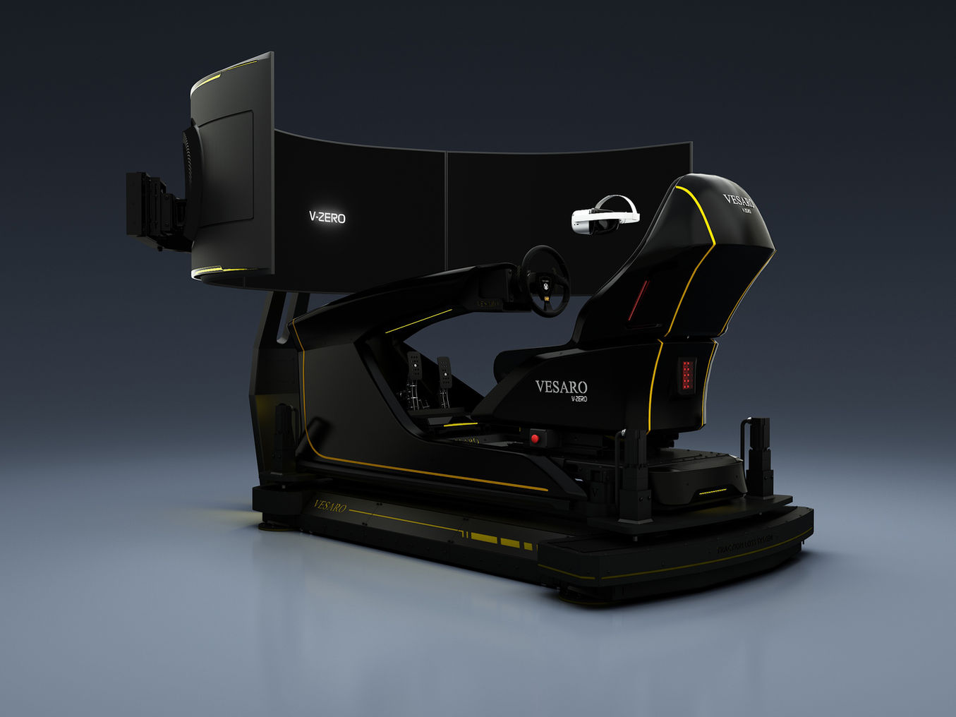 VR racing simulator V-Zero Stage 3 with premium motion platform, VR cockpit, and immersive headset setup