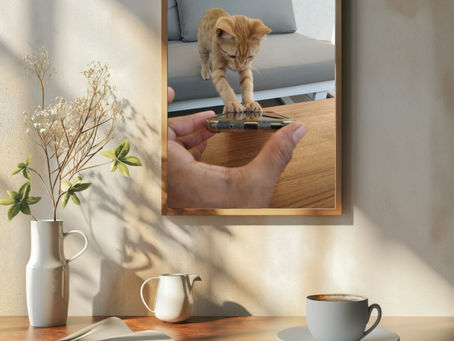 poster print of a kitten with smartphone displayed on a small apartment wall.