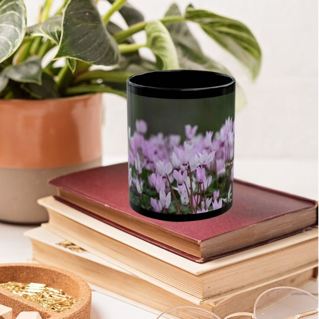 Thumbnail: Perfect Black Ceramic Mug with Cyclamen Flowers Photo - A Nature-Inspired Gift