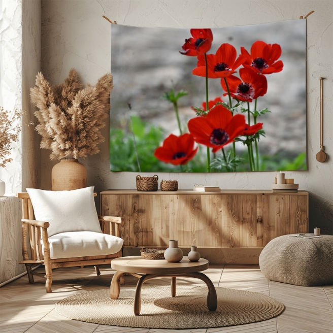 Thumbnail: Unique and Stylish Red Anemone Flowers Photo Wall Tapestry for Nature Lovers