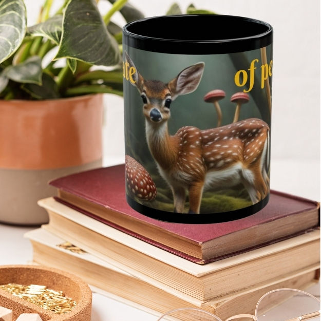 Thumbnail: Black Mug with AI-Generated Fawn & Amanitas: Unique Gift for Hot Drinks Lovers