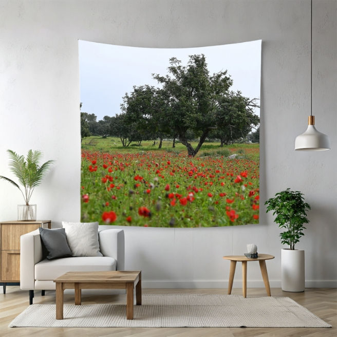 Thumbnail: Stylish Red Anemone Flowers and Trees Wall Tapestry: Wall Art for Nature Lovers