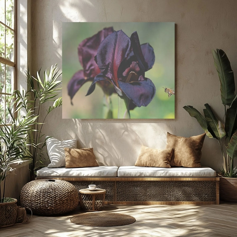 Thumbnail: Flying Bee & Iris Flower Canvas - Decorative Wall Hanging for Flower Lovers