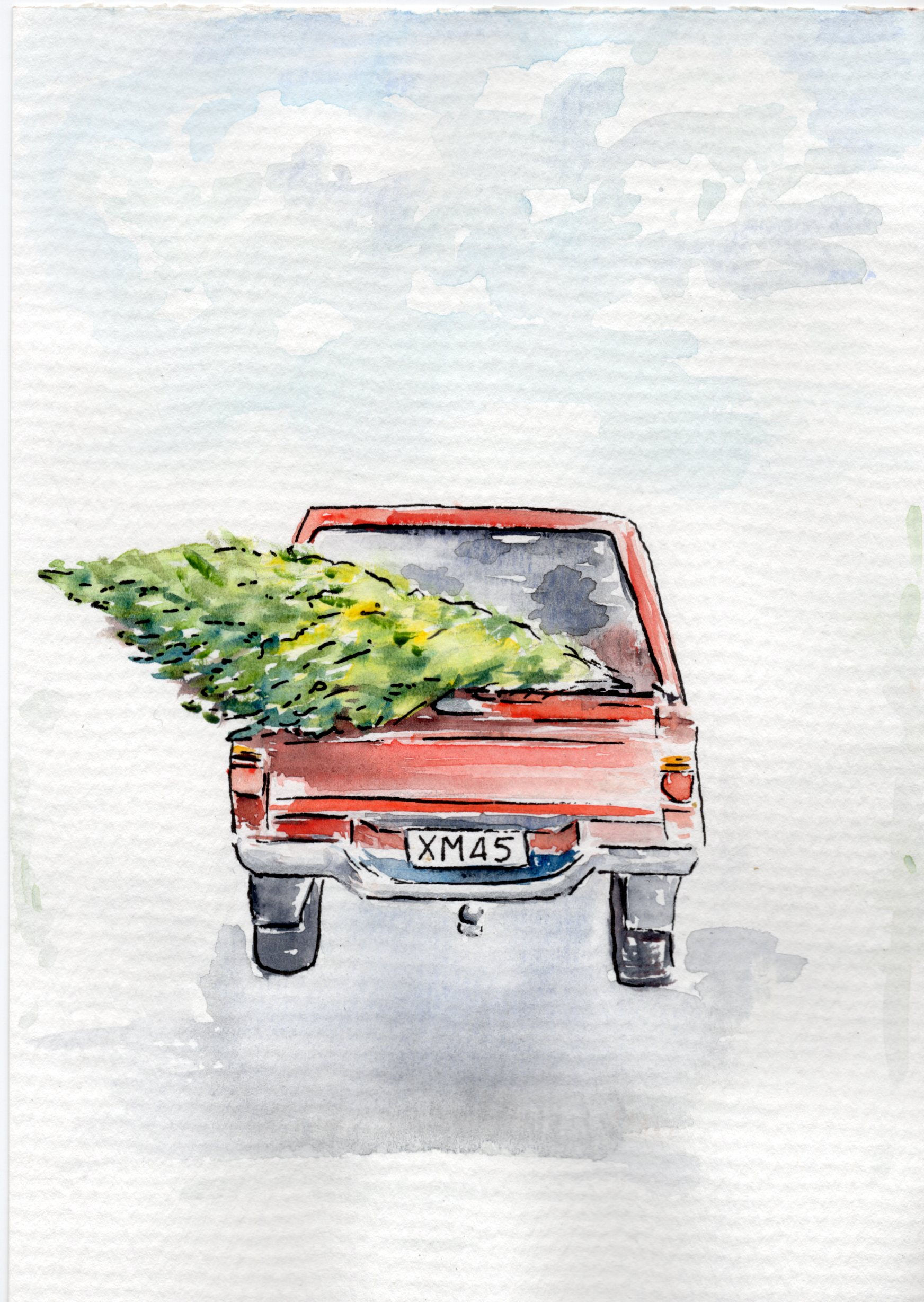 Red Truck Christmas Tree Watercolour A5 Original
