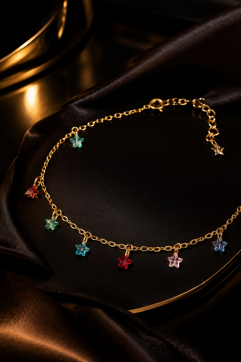 Miniatura: Tornozeleira de Estrelas com Zircônias Coloridas Banhada em Ouro 18k 