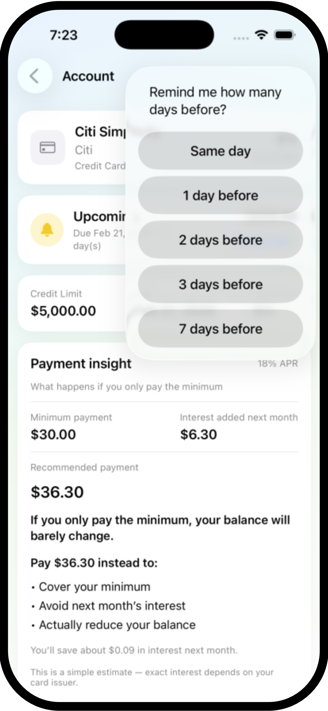 PaySmart reminder setup screen with an alert scheduled three days before a credit card due date