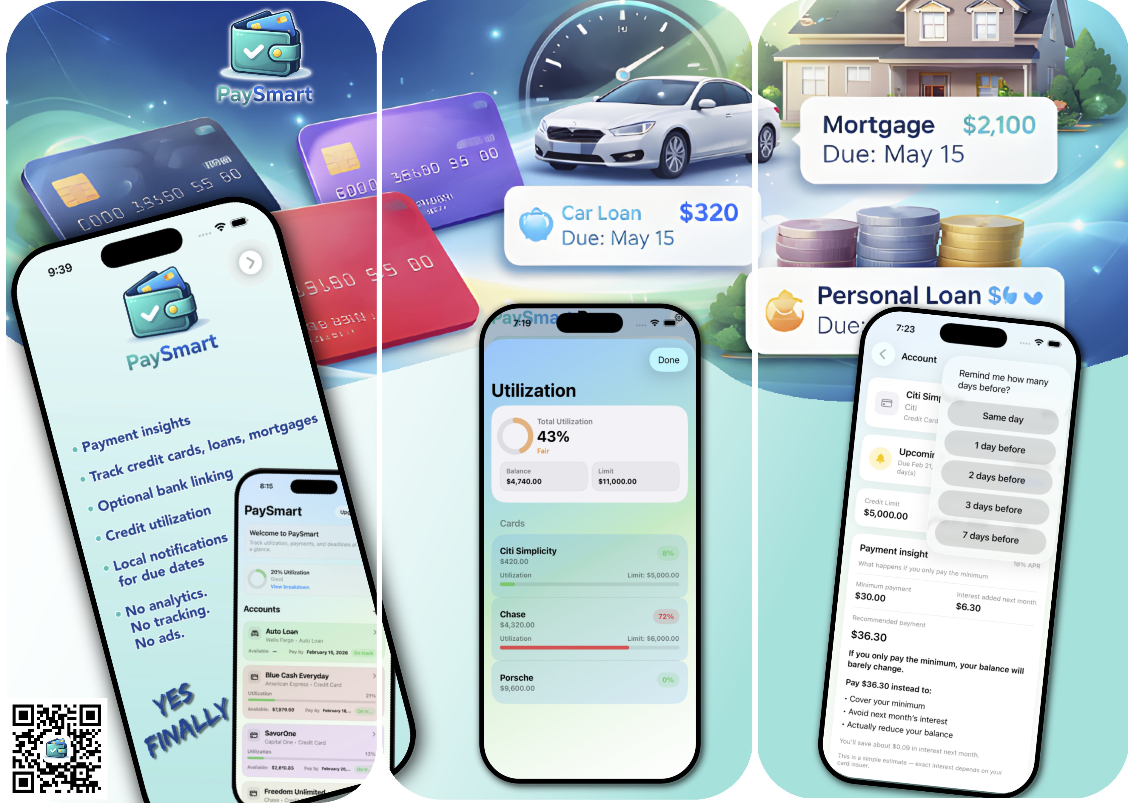 PaySmart on iPhone showing a credit card list with balances, a credit utilization ring, and upcoming payment reminders for a mortgage, car loan and personal loan