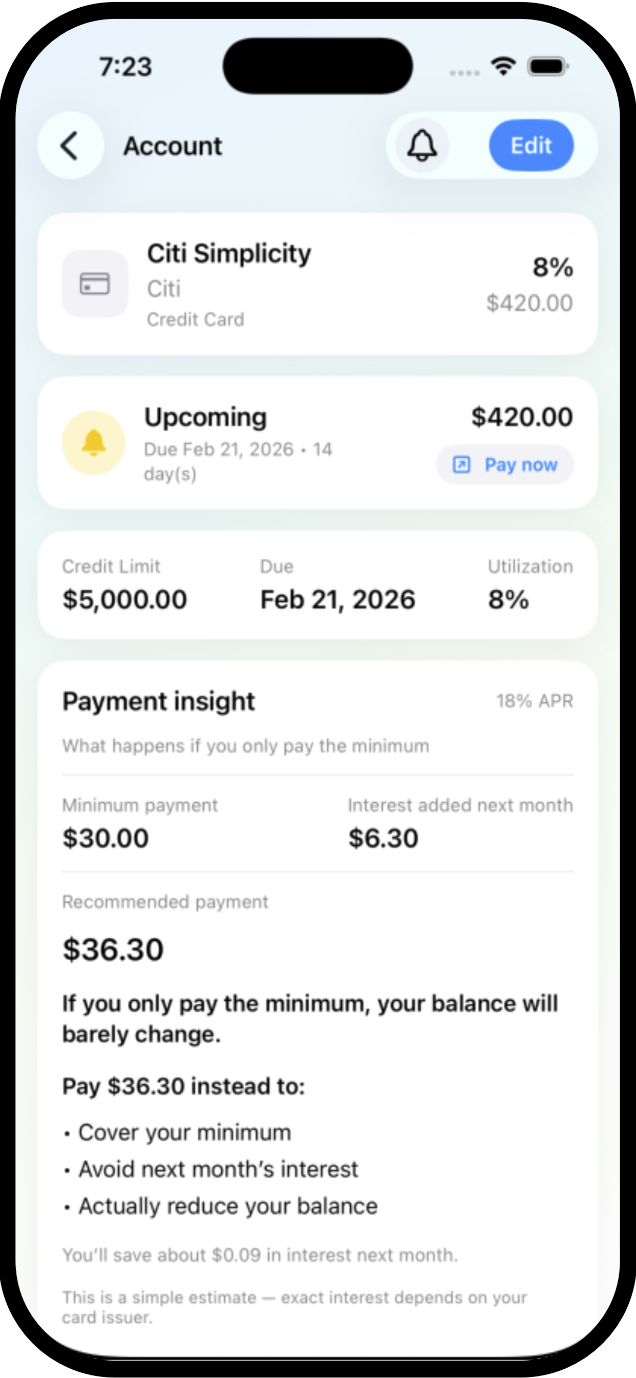 PaySmart minimum payment insight showing years to payoff and total interest paid when only the minimum is made