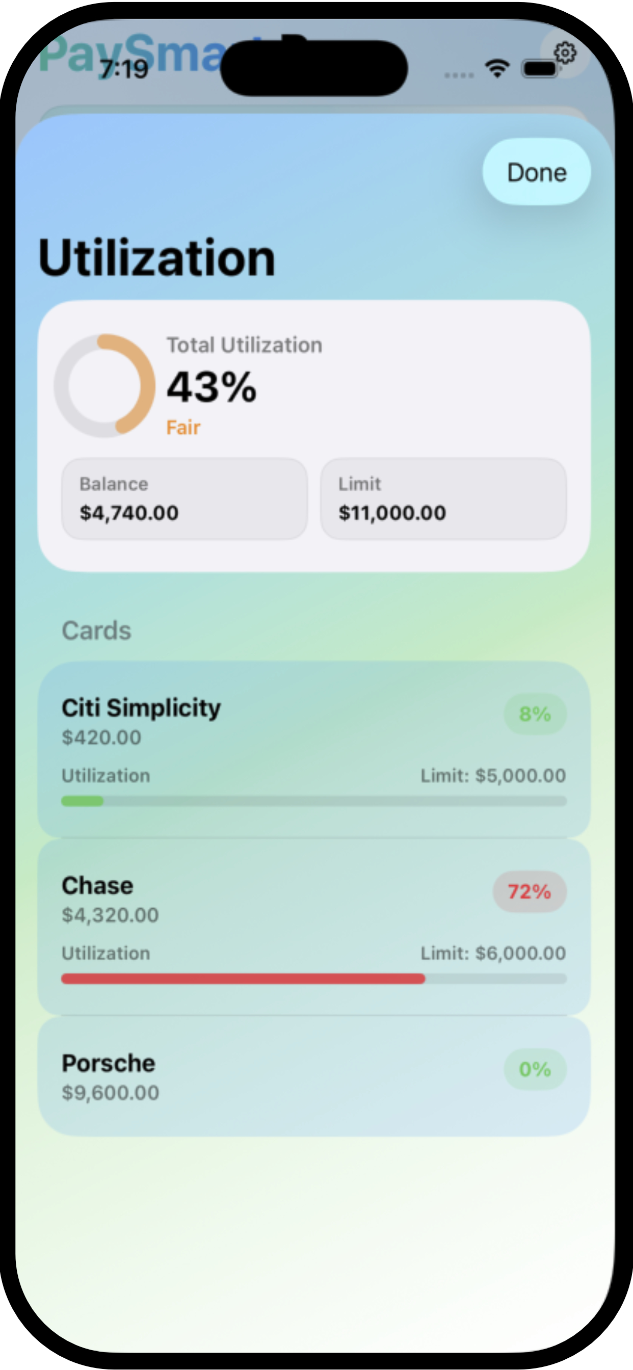 PaySmart credit utilization dashboard showing per-card utilization bars and an aggregate utilization percentage