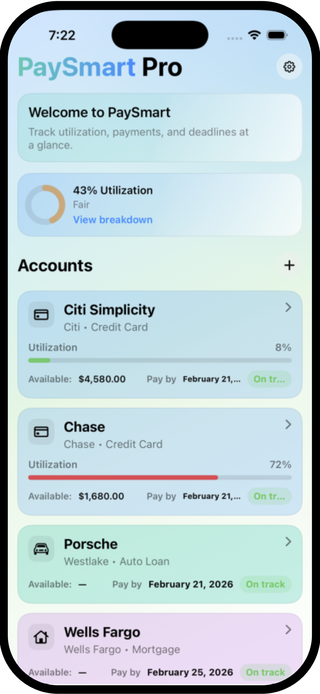 PaySmart accounts screen listing four credit cards with balance, credit limit and due date for each