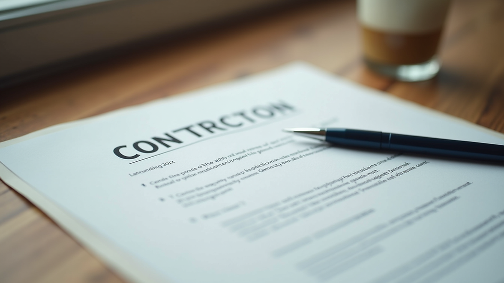 Close-up view of a signed contract and a pen on a wooden table