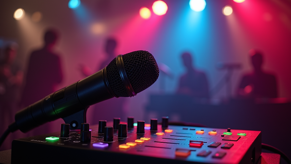 Close-up view of karaoke equipment setup with microphone and sound mixer