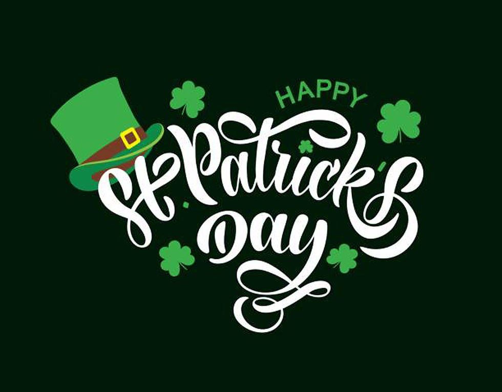 Happy St. Patrick's Day text with leprechaun hat and shamrocks