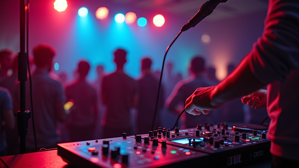 Eye-level view of a karaoke event host managing the microphone and sound system
