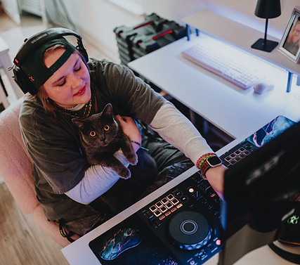 DLUZN home studio with cat