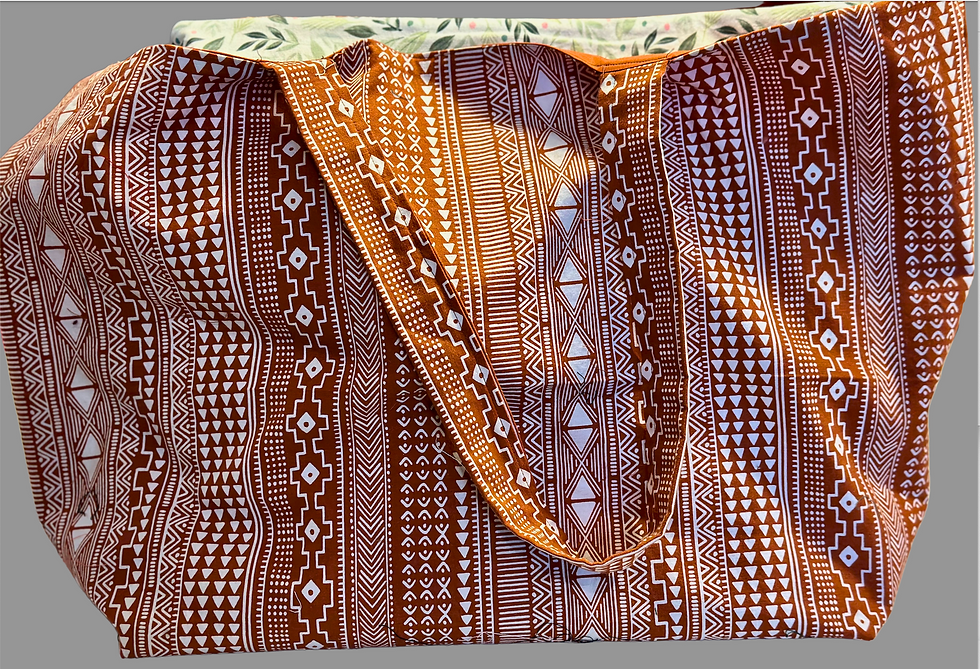 Extra large tote bag with African prints, perfect for holding lots of yarn from fiber festivals.
