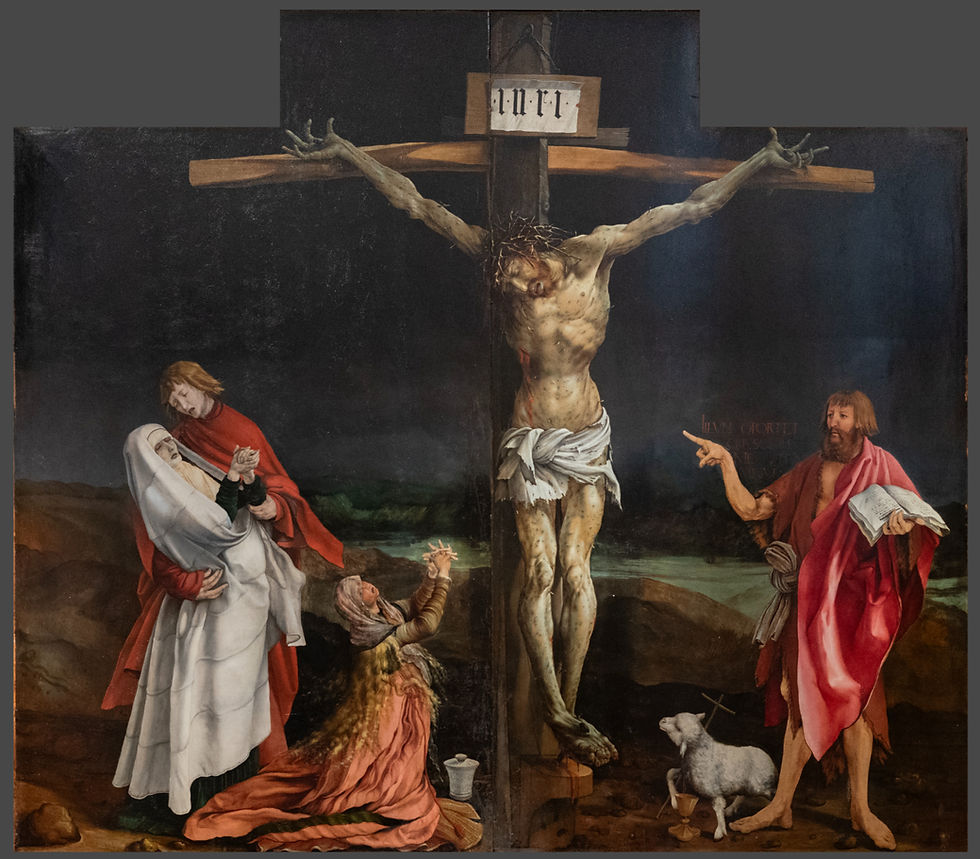 The Isenheim Altarpiece featuring Jesus on the cross with 4 people surrounding the cross.