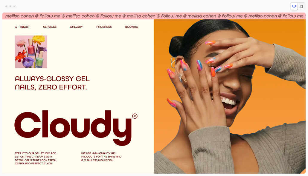 Cloudy gel nail studio homepage featuring a smiling woman showcasing colorful glossy gel nails with the tagline "Always-glossy gel nails, zero effort"