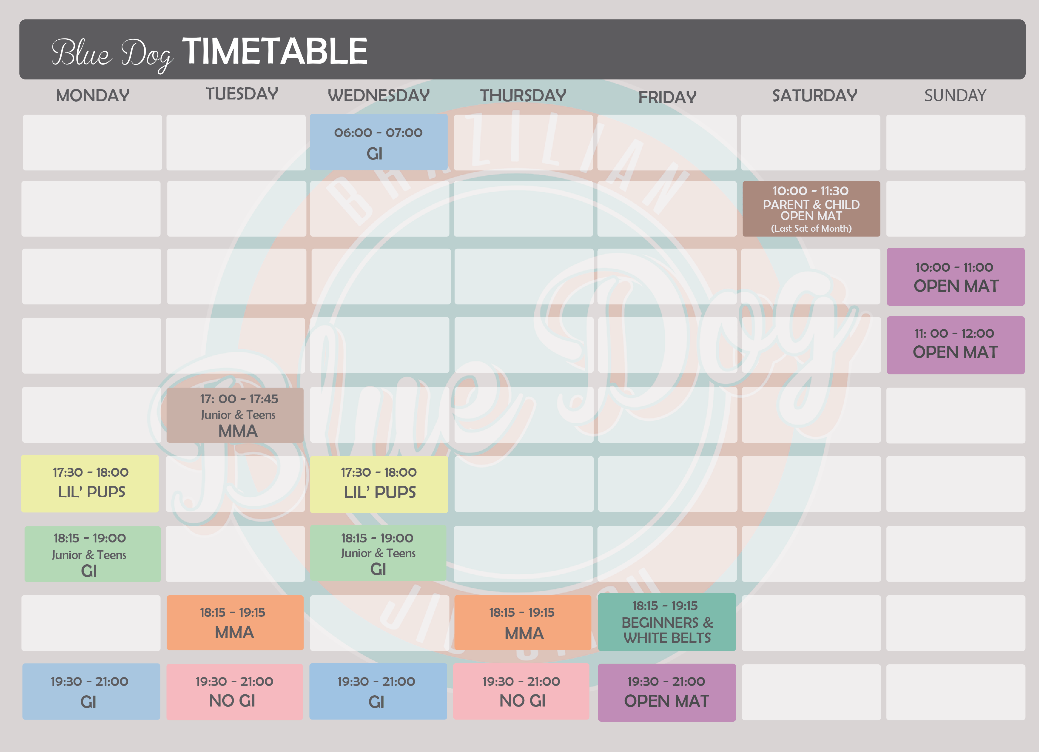 Blue Dog Jiujitsu MMA (self defence) TimeTable 