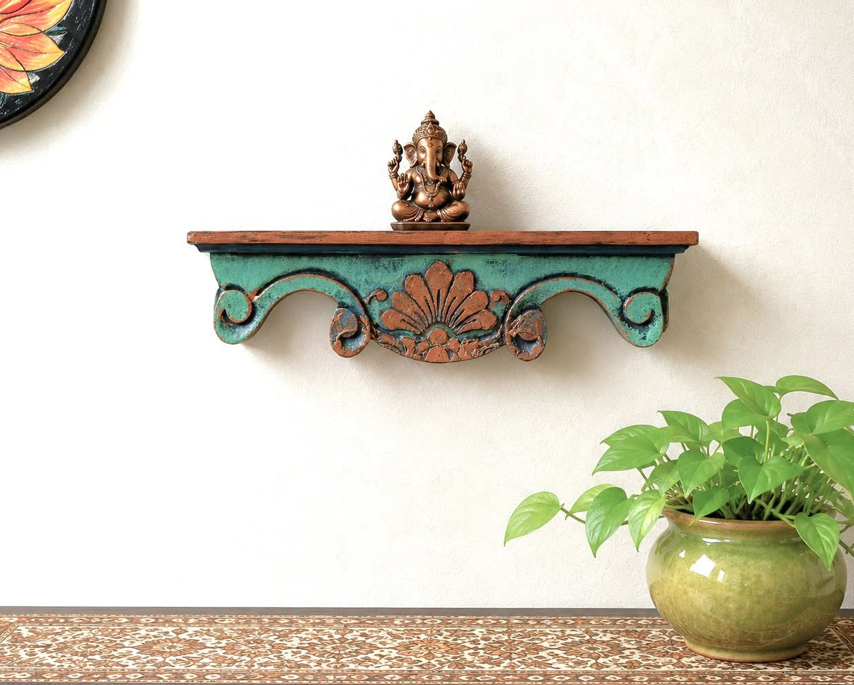 Toran Wall Shelf - Pooja Shelf RedGrey Colour hand painted hand carved