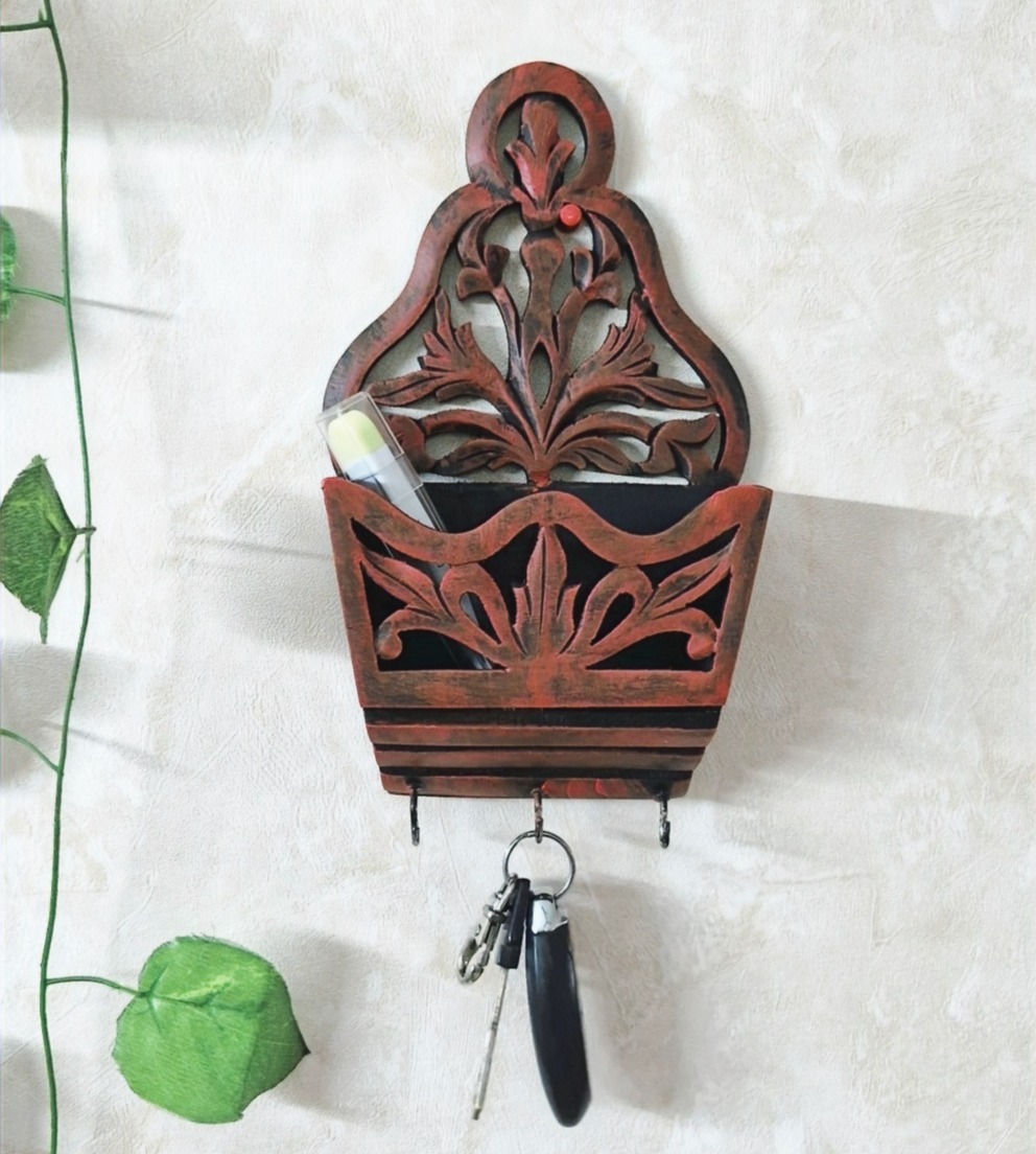 Key holder Premium Wood hand carving Leafs Pattern Red color