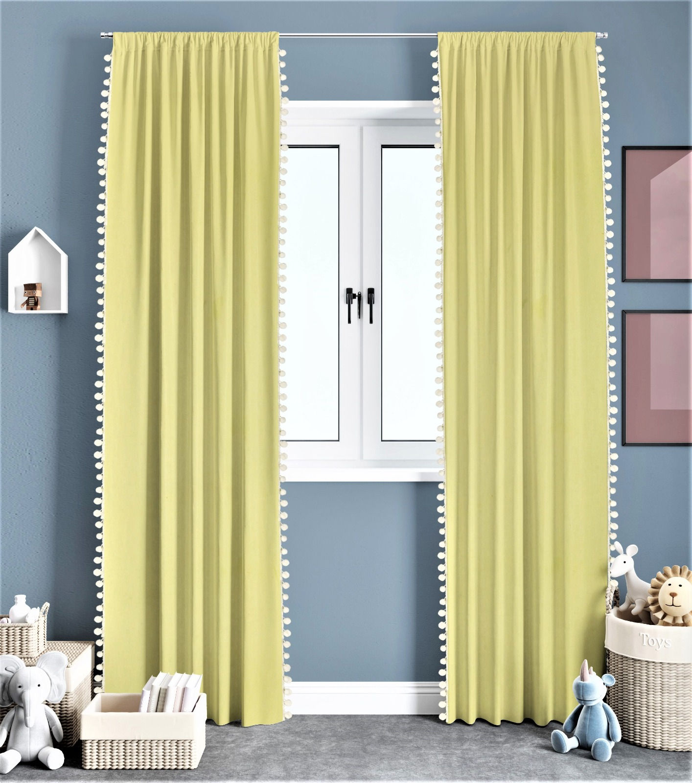 Cotton Curtains drapes with PomPom Work(Chrome Finese Eyelet)