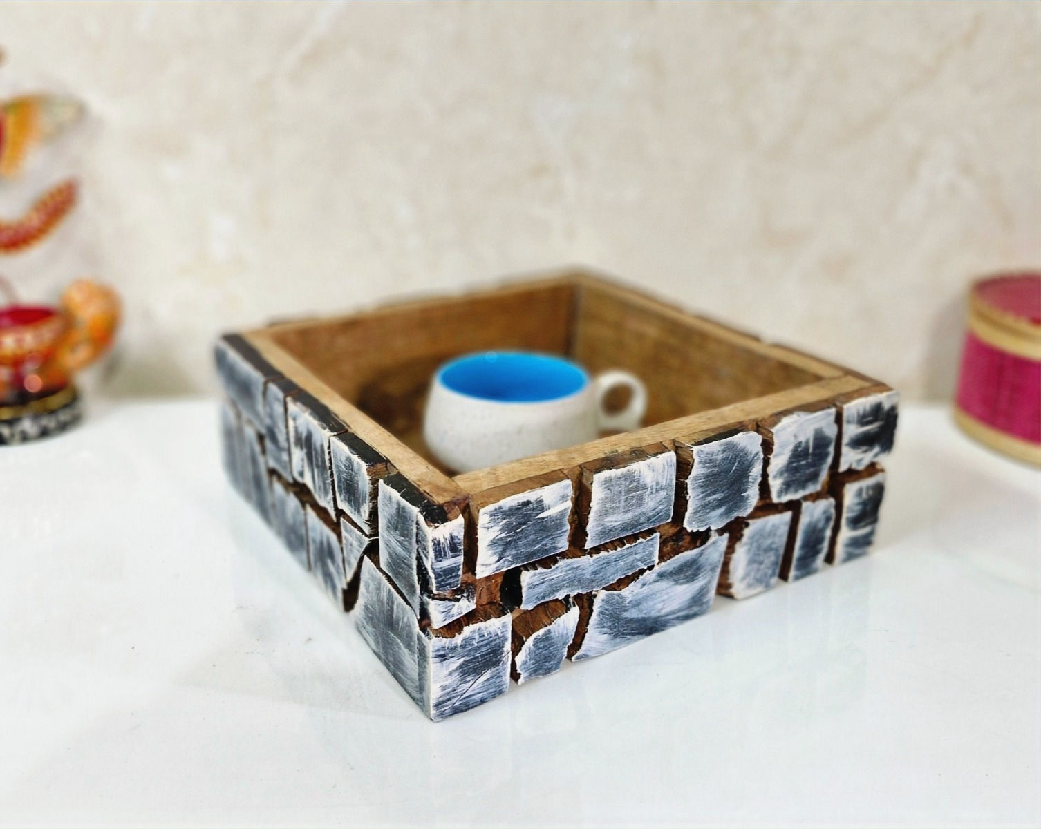 Wooden Tray with Antique Looks Mosaic Block Work