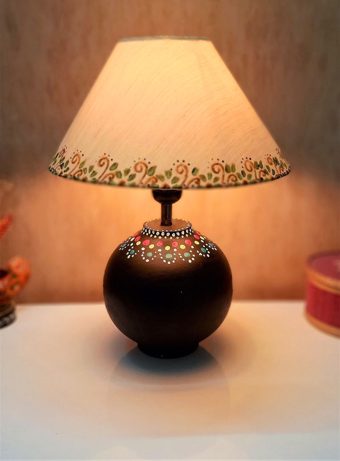Lamp Matka Design Mandala Art Wooden handicraft Artifact with hand painted shade