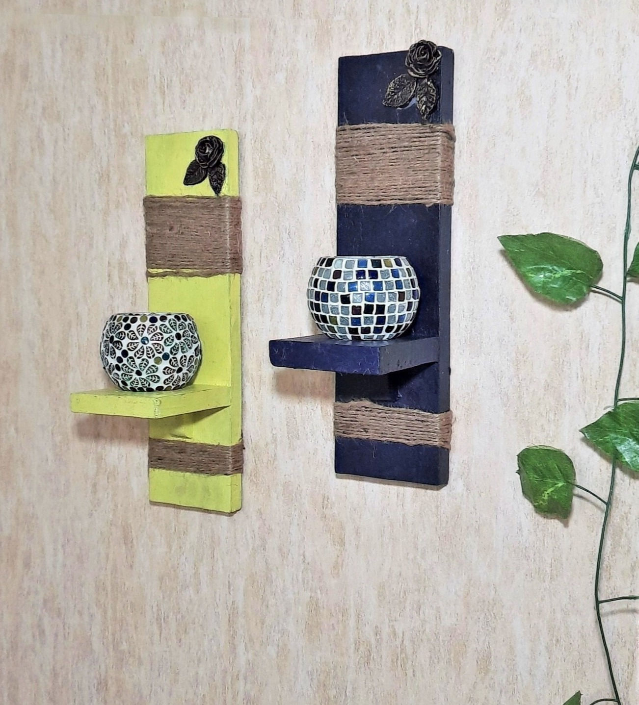 Wall shelves Hand made embossed Art work marbleDust fusion on Wood (2shelf)
